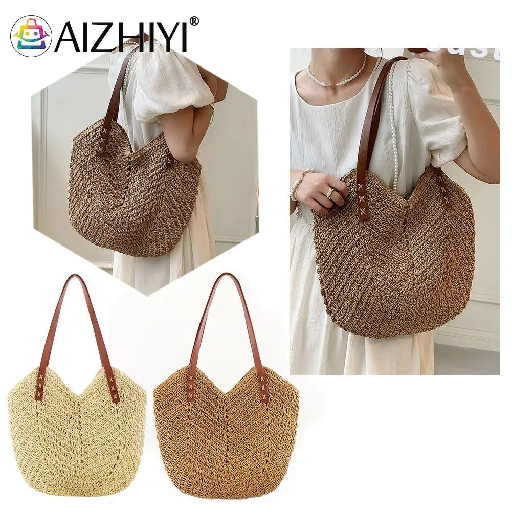 Summer Women Straw Top-Hand Bag Casual Woven Shoulder Travel Beach Hollow