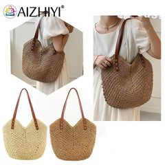 Summer Women Straw Top-Hand Bag Casual Woven Shoulder Travel Beach Hollow