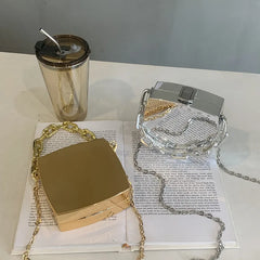 Silver PVC Clutch Bag Box Party Evening Chain Crossbody Mini Purse