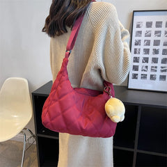 Winter Bucket Crossbody Bag Soft Cloth Zipper Shoulder Handbag with Pendant