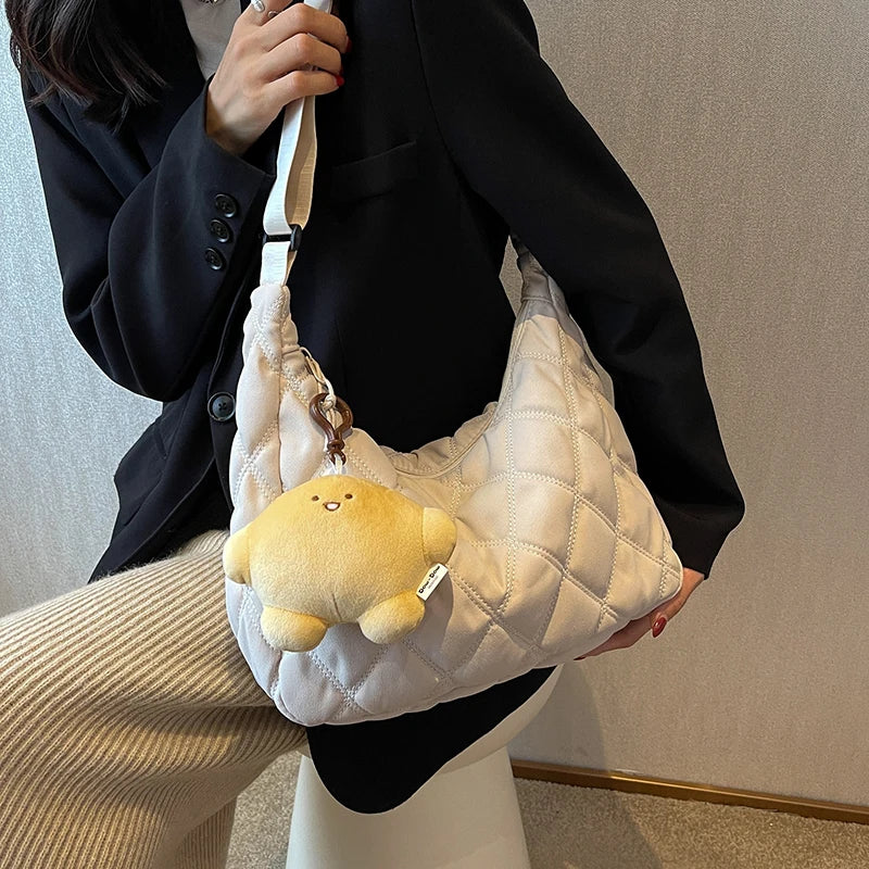Winter Bucket Crossbody Bag Soft Cloth Zipper Shoulder Handbag with Pendant