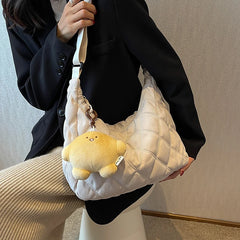 Winter Bucket Crossbody Bag Soft Cloth Zipper Shoulder Handbag with Pendant