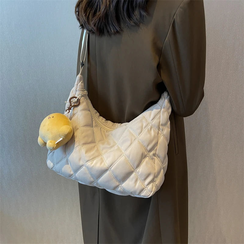 Winter Bucket Crossbody Bag Soft Cloth Zipper Shoulder Handbag with Pendant