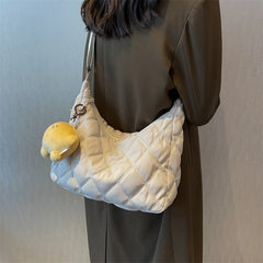 Winter Bucket Crossbody Bag Soft Cloth Zipper Shoulder Handbag with Pendant