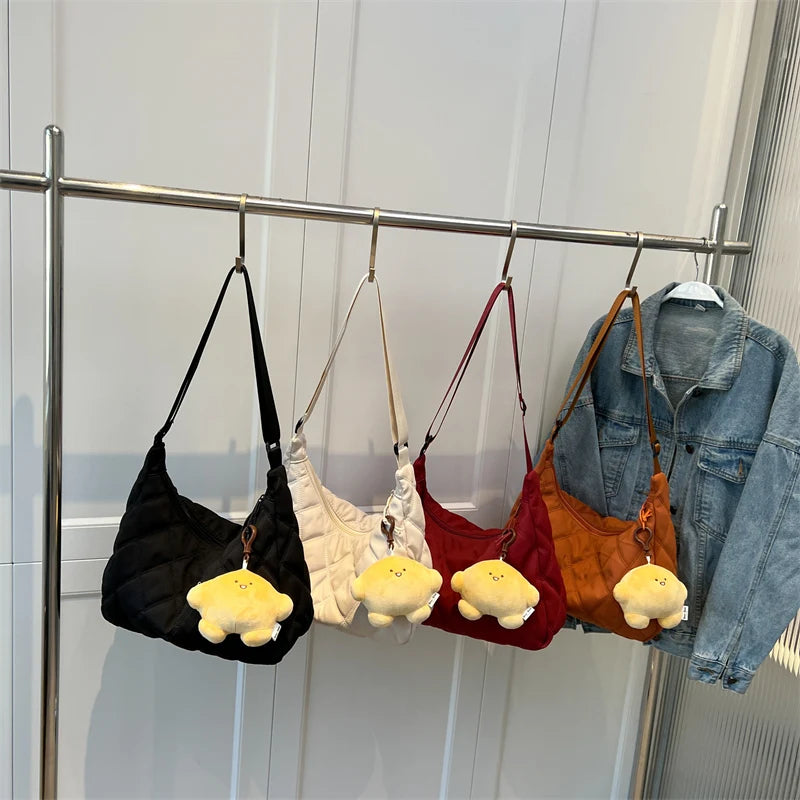 Winter Bucket Crossbody Bag Soft Cloth Zipper Shoulder Handbag with Pendant