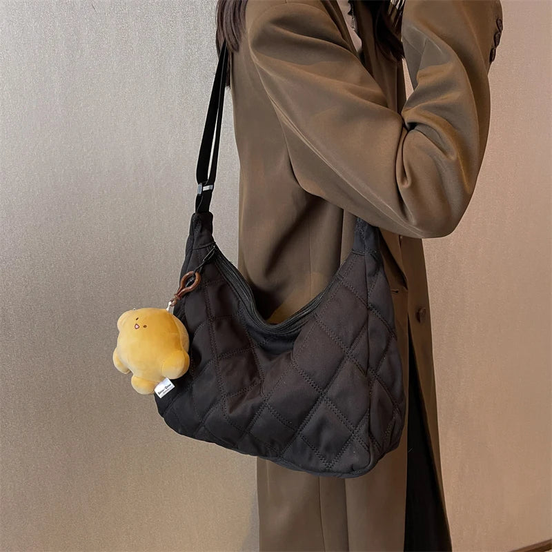 Winter Bucket Crossbody Bag Soft Cloth Zipper Shoulder Handbag with Pendant
