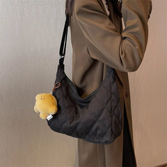 Winter Bucket Crossbody Bag Soft Cloth Zipper Shoulder Handbag with Pendant