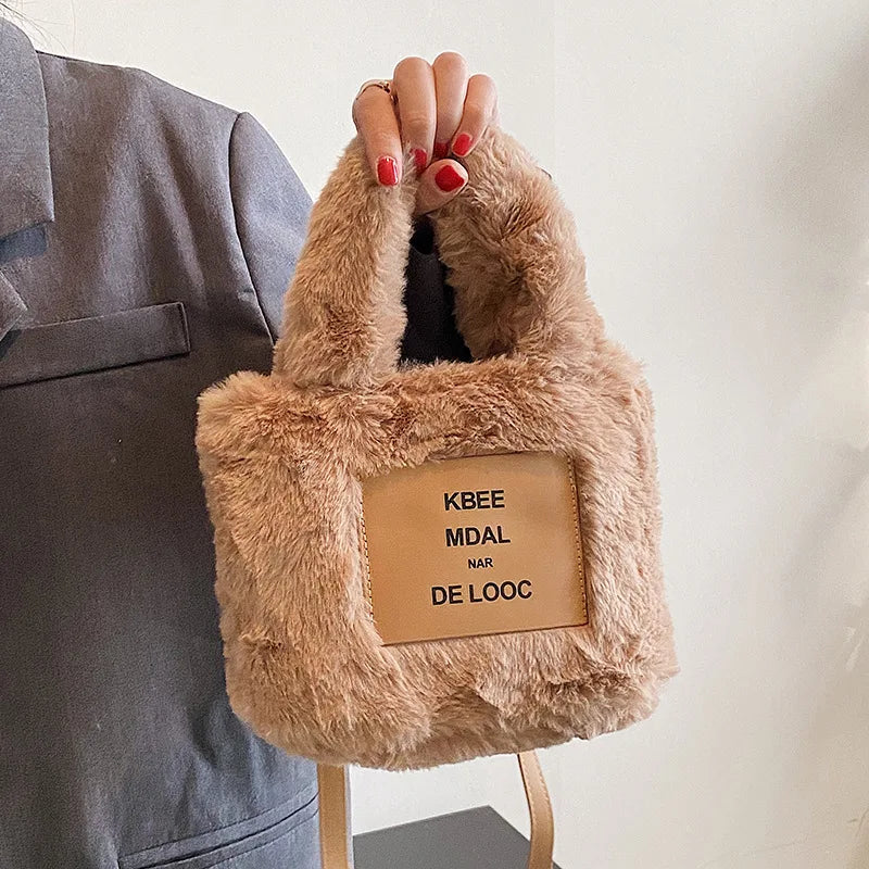 Soft Clutch Faux Fur Top-handle Bag Warm Furry Plush Tote Bags for Women
