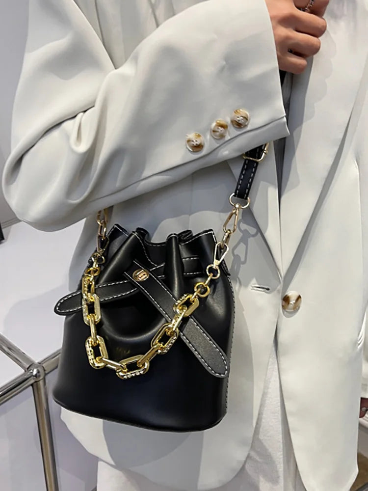 Women's Bucket Chain Shoulder Crossbody Bag PU Leather Handbag