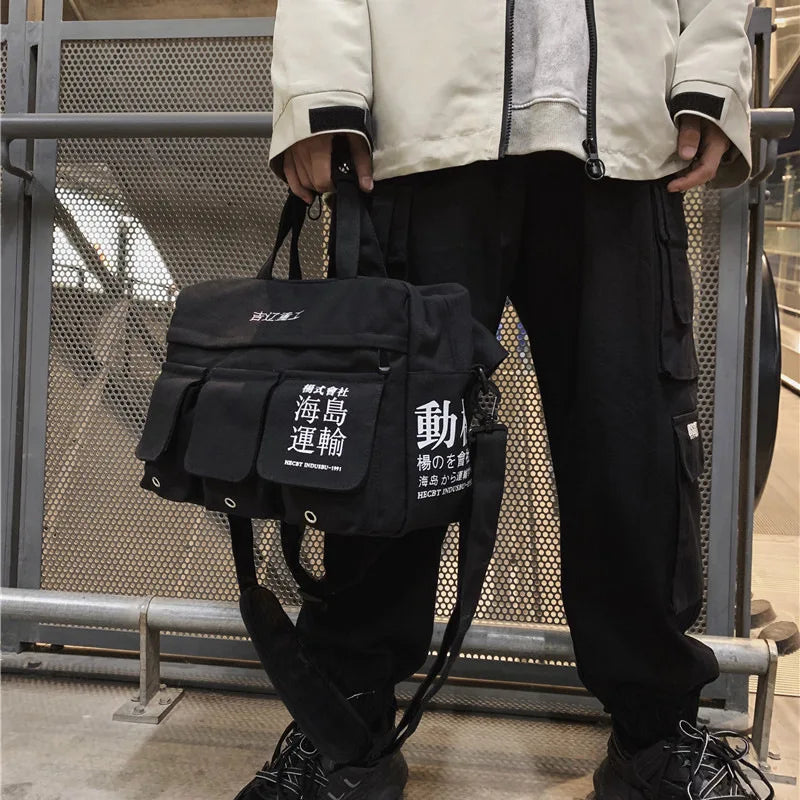 Unisex Hip Hop Canvas Shoulder Bags Large Capacity Tactical Chest Bags