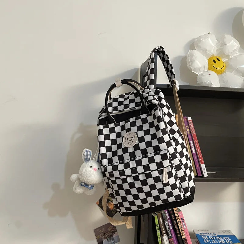 Plaid Nylon Travel Laptop Backpack Schoolbags