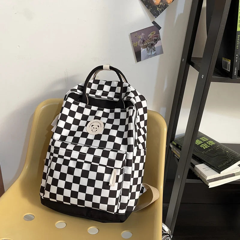 Plaid Nylon Travel Laptop Backpack Schoolbags