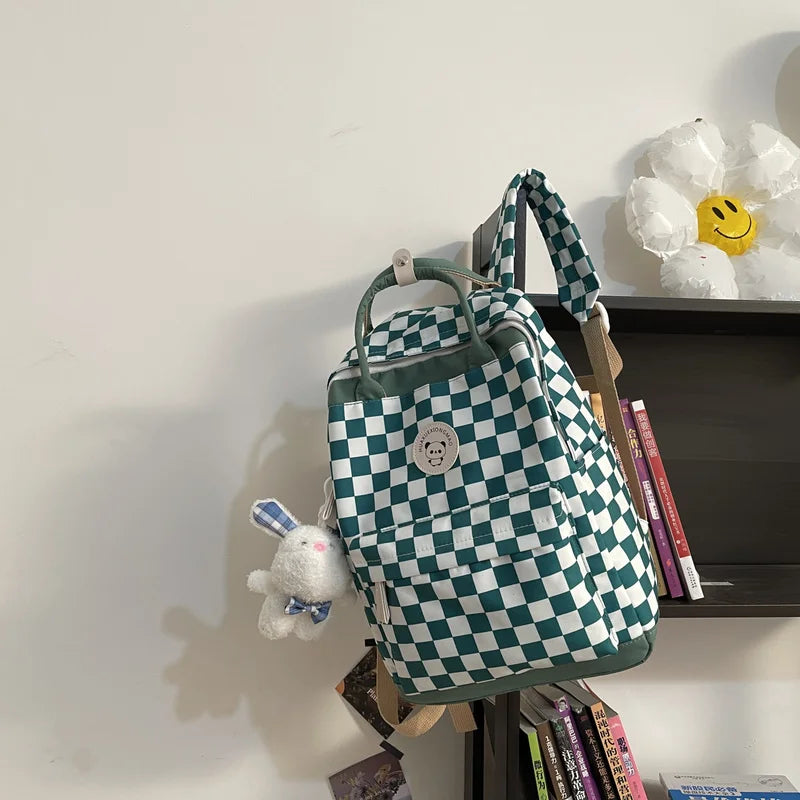 Plaid Nylon Travel Laptop Backpack Schoolbags