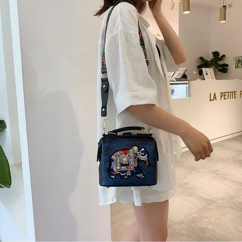 Vintage Elephant Embroidery Bag Wide Butterfly Belt Crossbody Tote Handbag