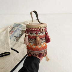 Ethnic Style Women Crossbody Shoulder Bag Classic Cotton Tassel Cylinder Bag
