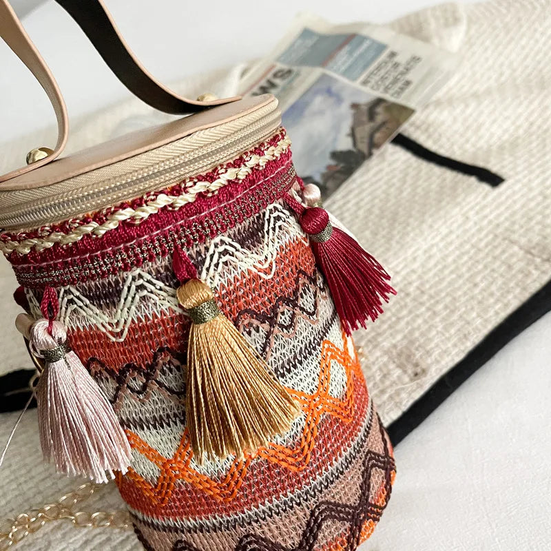 Ethnic Style Women Crossbody Shoulder Bag Classic Cotton Tassel Cylinder Bag