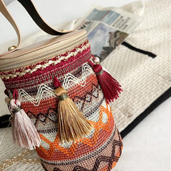 Ethnic Style Women Crossbody Shoulder Bag Classic Cotton Tassel Cylinder Bag