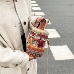 Ethnic Style Women Crossbody Shoulder Bag Classic Cotton Tassel Cylinder Bag