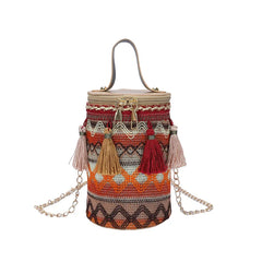 Ethnic Style Women Crossbody Shoulder Bag Classic Cotton Tassel Cylinder Bag
