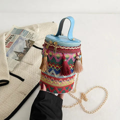Ethnic Style Women Crossbody Shoulder Bag Classic Cotton Tassel Cylinder Bag