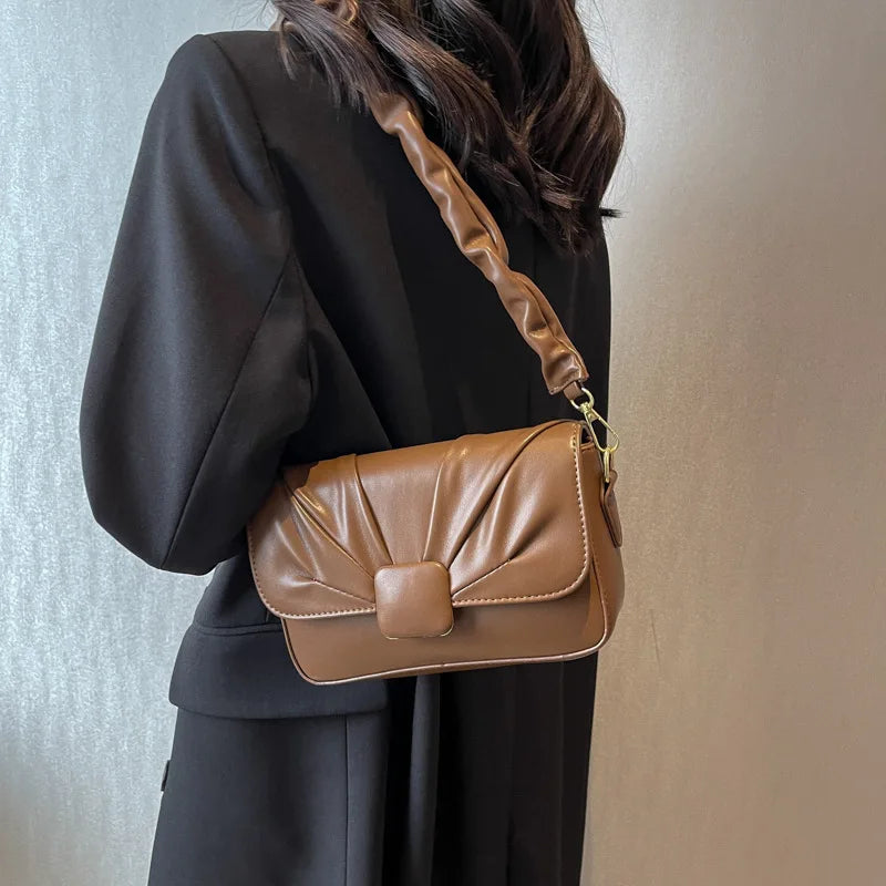 Vintage High Handbag Women Square Lock Shoulder Bag Ruched Strap Messenger