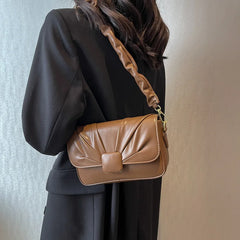 Vintage High Handbag Women Square Lock Shoulder Bag Ruched Strap Messenger