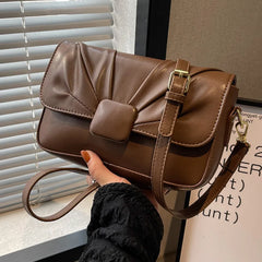 Vintage High Handbag Women Square Lock Shoulder Bag Ruched Strap Messenger
