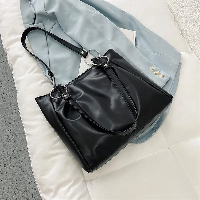 Vintage Solid Large Capacity Handbag for Women Girl Pu Leather Shoulder Bag