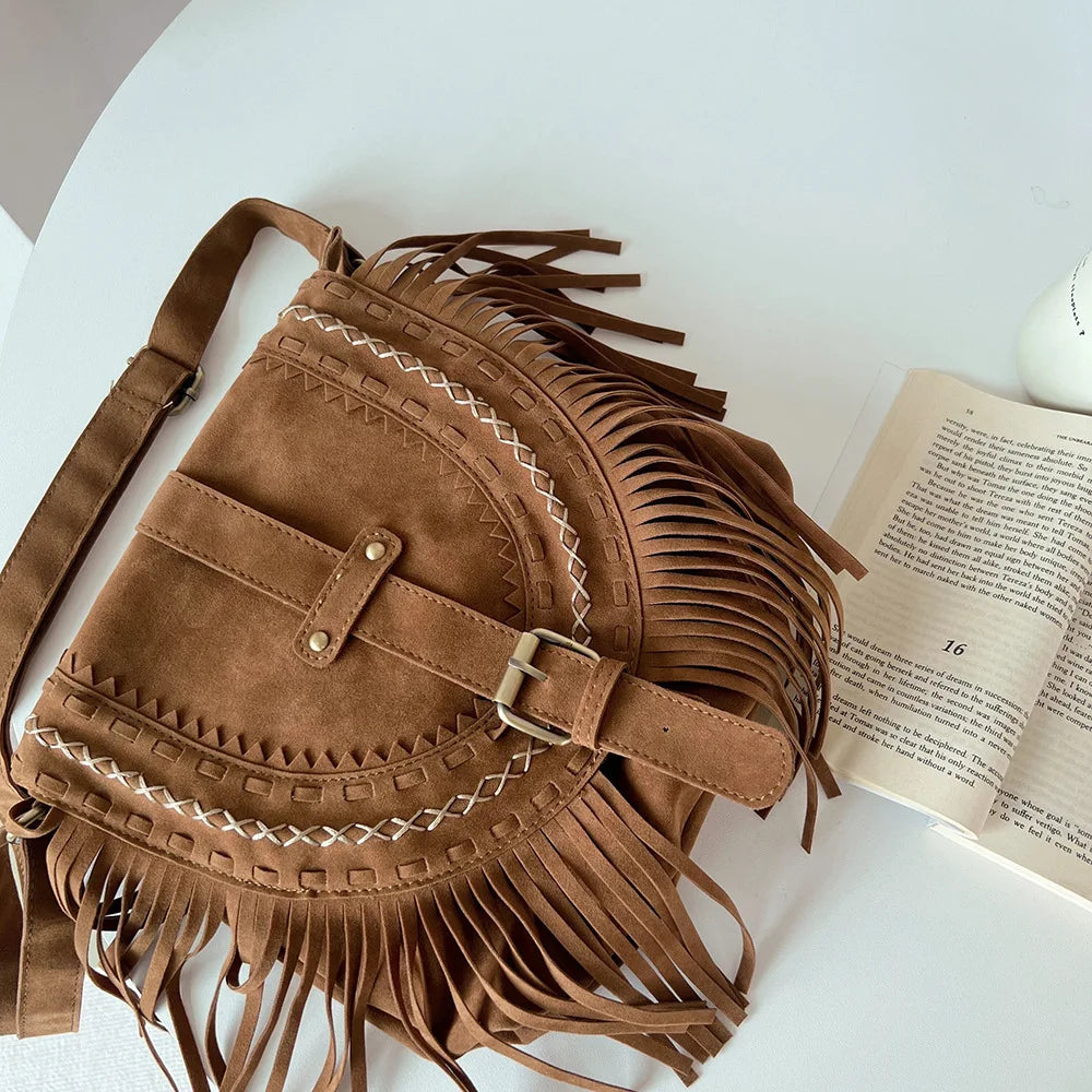 Vintage Women Tassel Shoulder Bag Suede PU Leather Female Saddle Bag