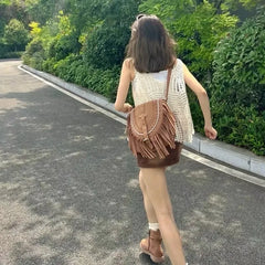 Vintage Women Tassel Shoulder Bag Suede PU Leather Female Saddle Bag
