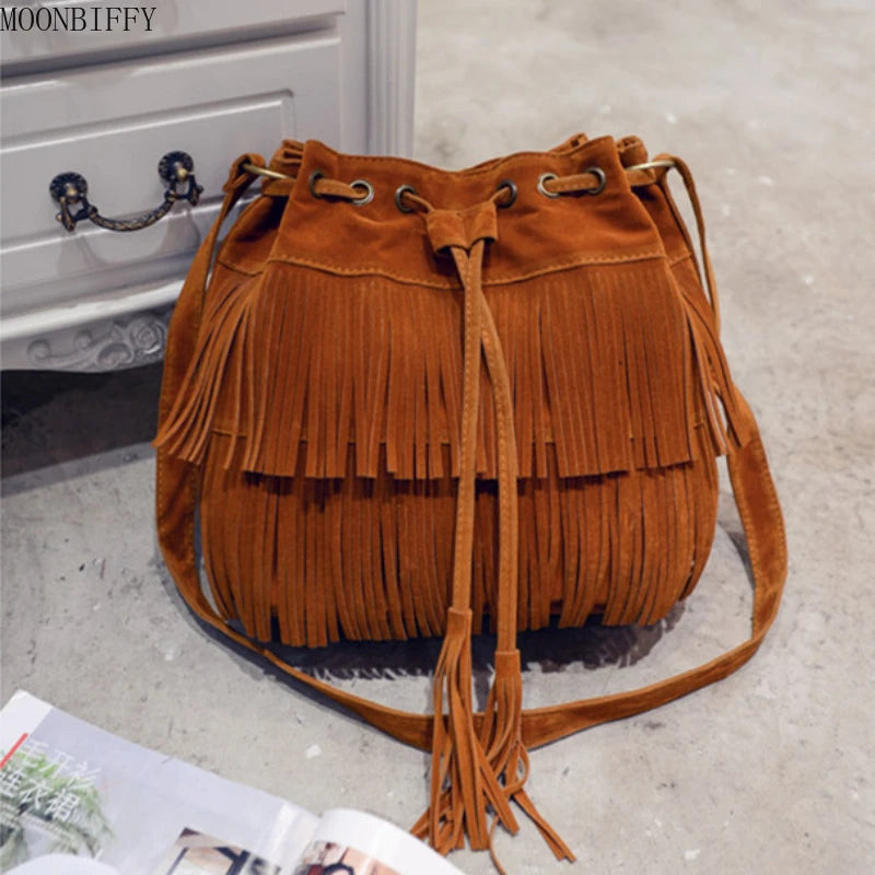 Large Shoulder Bucket Bag with Tassels
