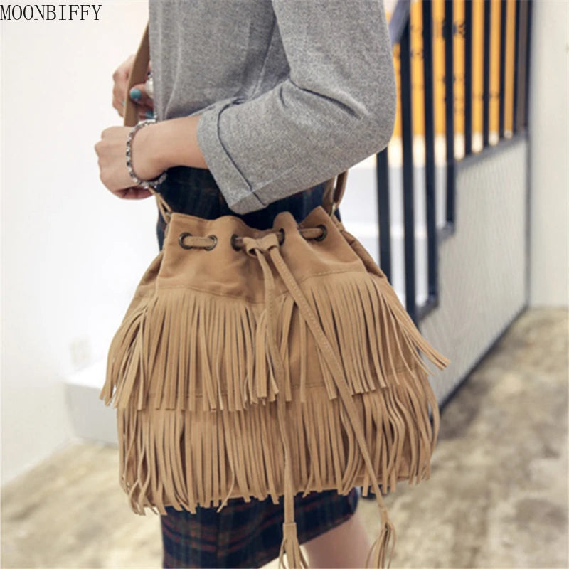 Large Shoulder Bucket Bag with Tassels