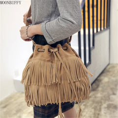 Large Shoulder Bucket Bag with Tassels