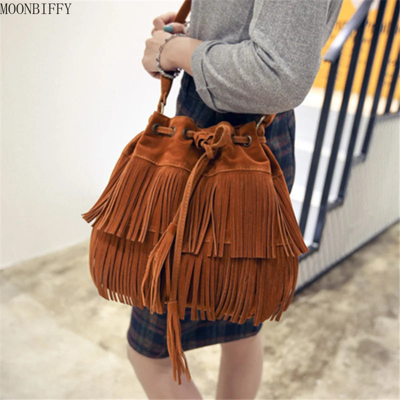 Large Shoulder Bucket Bag with Tassels