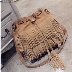 Large Shoulder Bucket Bag with Tassels