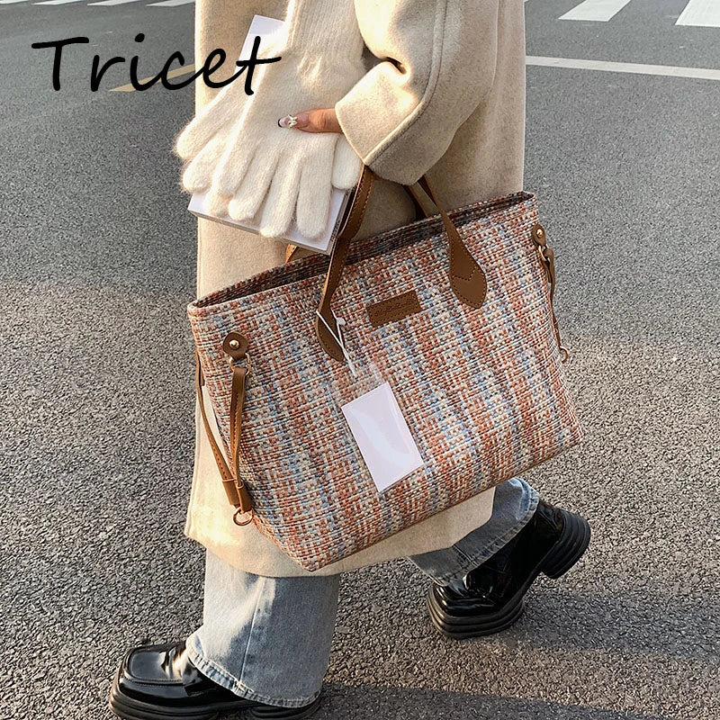 Weave Cloth Women Shopper Bag Large Capacity Zipper Female Shoulder Bags