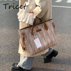 Weave Cloth Women Shopper Bag Large Capacity Zipper Female Shoulder Bags