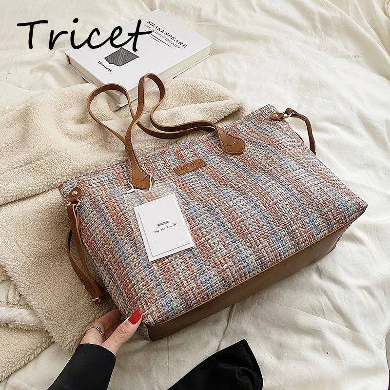 Weave Cloth Women Shopper Bag Large Capacity Zipper Female Shoulder Bags