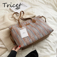 Weave Cloth Women Shopper Bag Large Capacity Zipper Female Shoulder Bags
