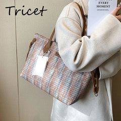 Weave Cloth Women Shopper Bag Large Capacity Zipper Female Shoulder Bags