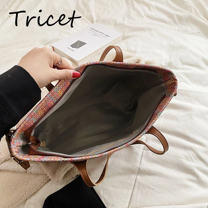 Weave Cloth Women Shopper Bag Large Capacity Zipper Female Shoulder Bags