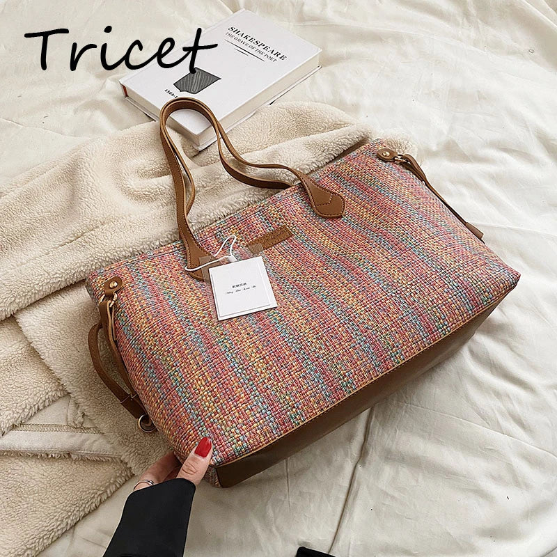 Weave Cloth Women Shopper Bag Large Capacity Zipper Female Shoulder Bags