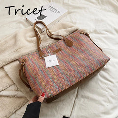 Weave Cloth Women Shopper Bag Large Capacity Zipper Female Shoulder Bags