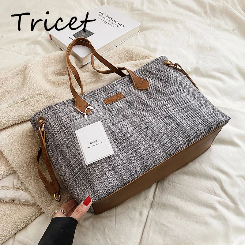 Weave Cloth Women Shopper Bag Large Capacity Zipper Female Shoulder Bags