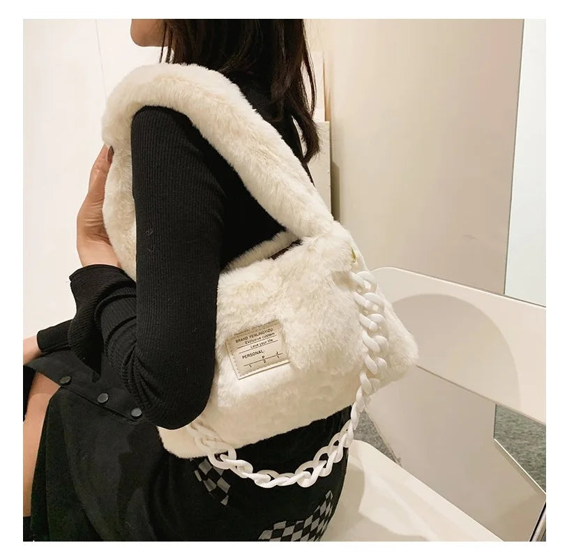 Women's Pink Plush Felt Shoulder Bag with Chain