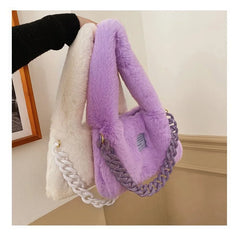 Women's Pink Plush Felt Shoulder Bag with Chain
