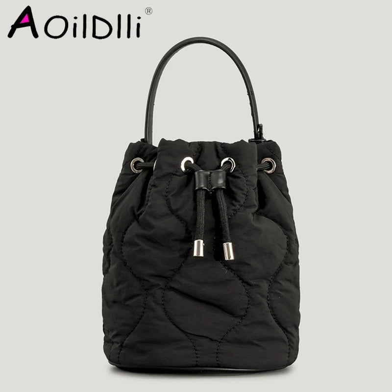 Winter Nylon Padded Bucket Bag Drawsting Quilted Women Handbags