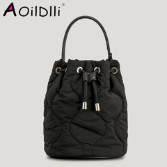 Winter Nylon Padded Bucket Bag Drawsting Quilted Women Handbags