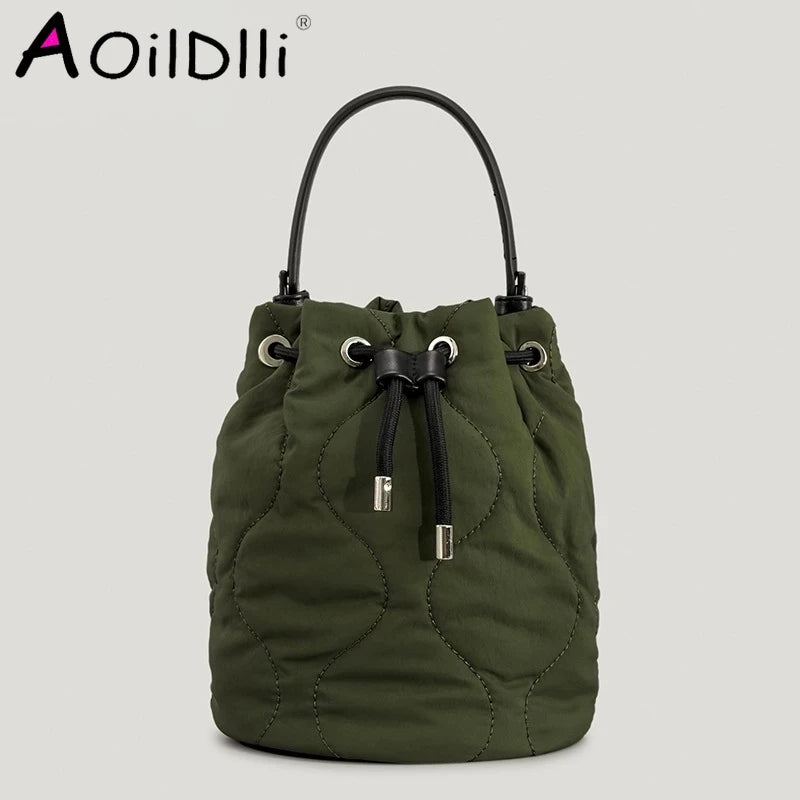 Winter Nylon Padded Bucket Bag Drawsting Quilted Women Handbags