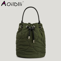 Winter Nylon Padded Bucket Bag Drawsting Quilted Women Handbags